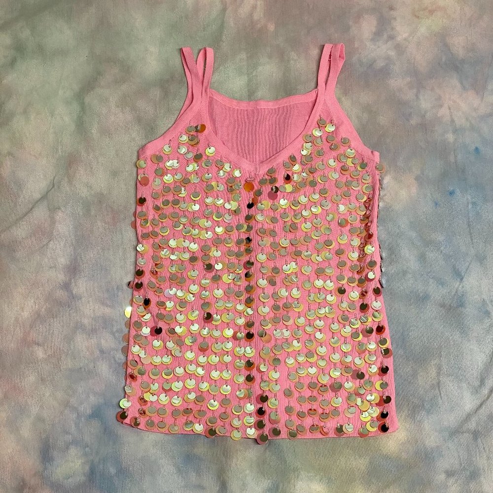 Vtg 90s Y2K Sequin Iridescent Tank Top Shirt Pink Small Stretchy Material